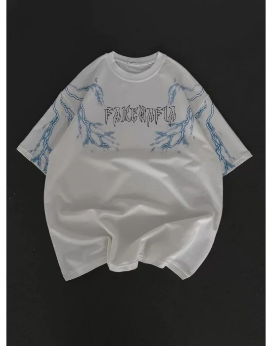 Unisex Bisiklet Yaka Baskılı Oversize Thirt  Beyaz