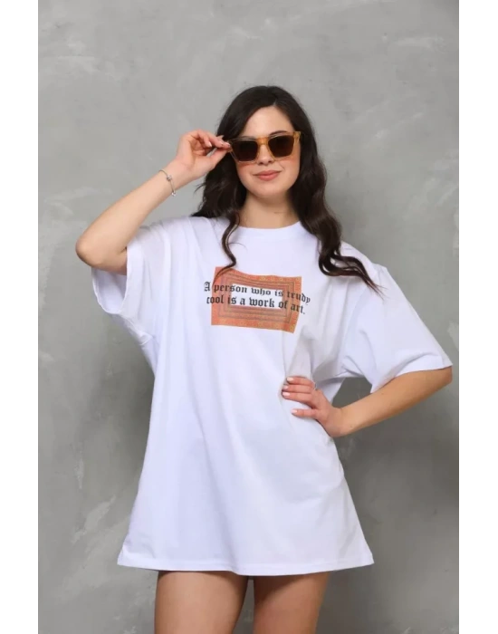 Unisex Bisiklet Yaka Baskılı Oversize Thirt  Beyaz