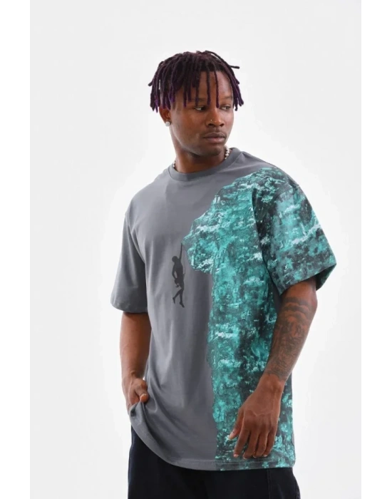 Unisex Bisiklet Yaka Baskılı Oversize Thirt  Gri