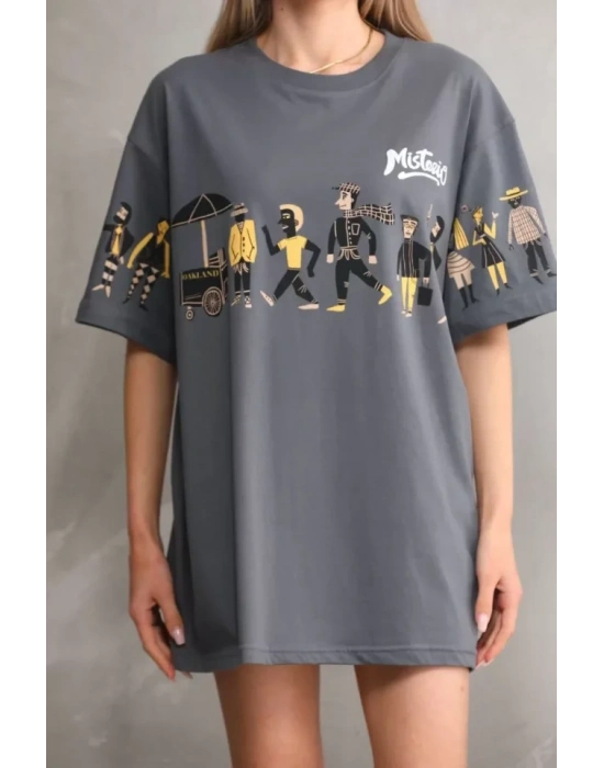 Unisex Bisiklet Yaka Baskılı Oversize Thirt  Gri