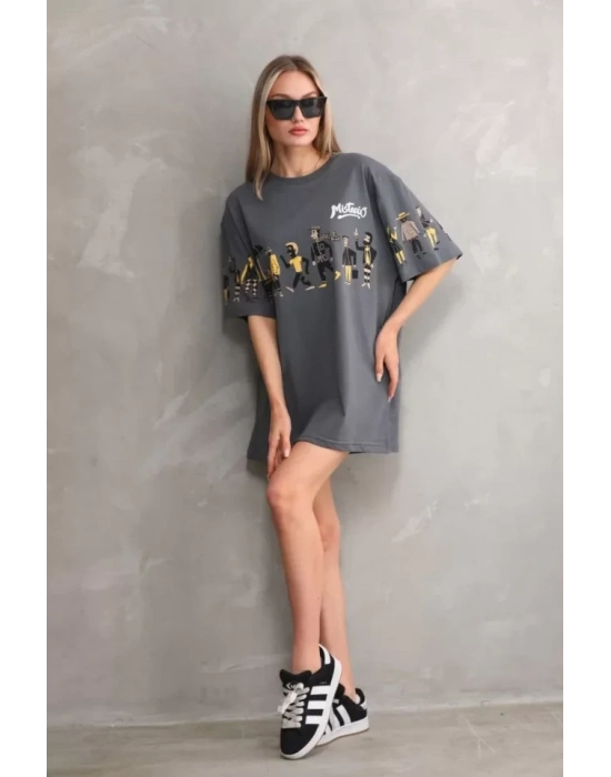 Unisex Bisiklet Yaka Baskılı Oversize Thirt  Gri