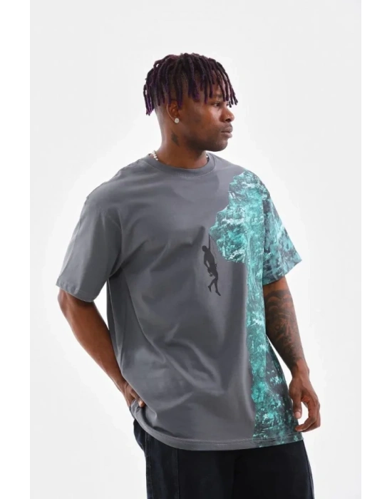 Unisex Bisiklet Yaka Baskılı Oversize Thirt  Gri