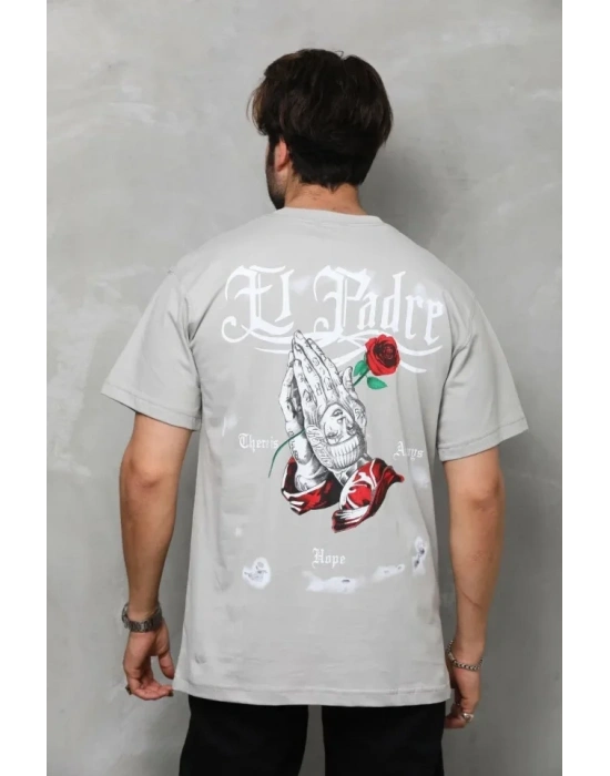 Unisex Bisiklet Yaka Baskılı Oversize Thirt  Gri