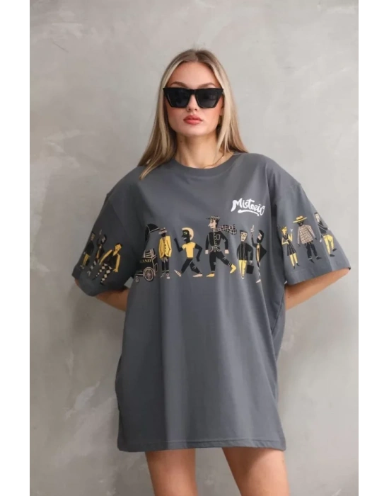 Unisex Bisiklet Yaka Baskılı Oversize Thirt  Gri
