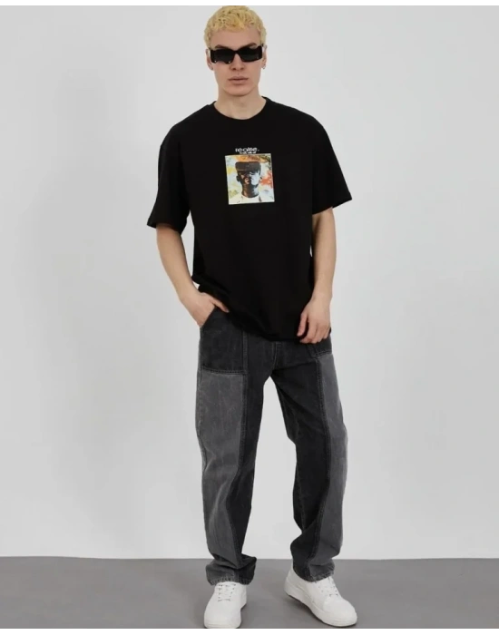 Unisex Bisiklet Yaka Baskılı Oversize Thirt  iyah