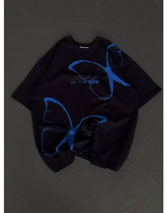 Unisex Bisiklet Yaka Baskılı Oversize Thirt  iyah