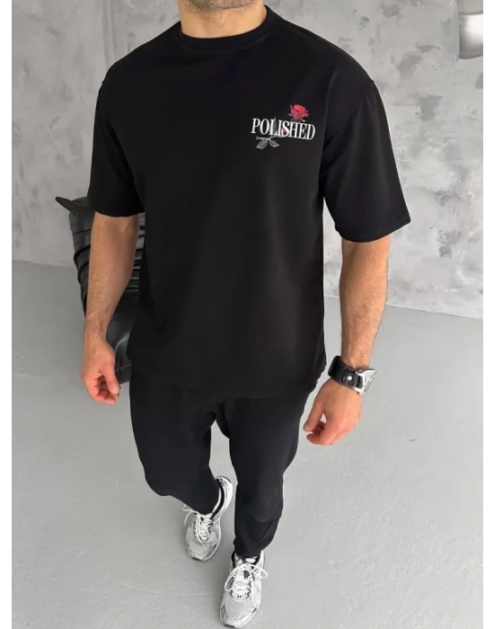 Unisex Bisiklet Yaka Baskılı Oversize Thirt  iyah