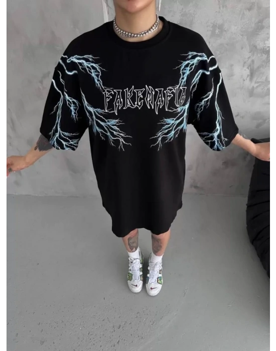 Unisex Bisiklet Yaka Baskılı Oversize Thirt  iyah
