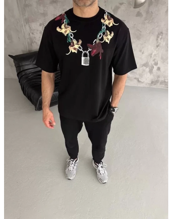 Unisex Bisiklet Yaka Baskılı Oversize Thirt  iyah