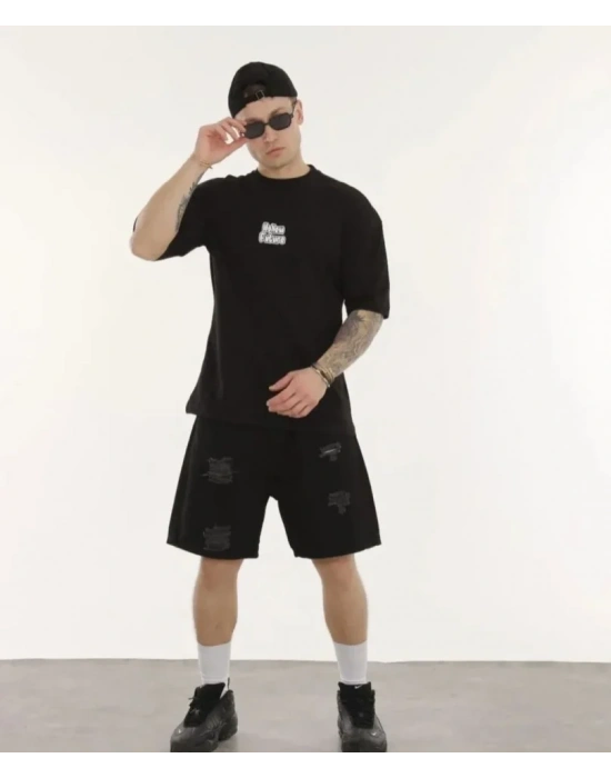 Unisex Bisiklet Yaka Baskılı Oversize Thirt  iyah