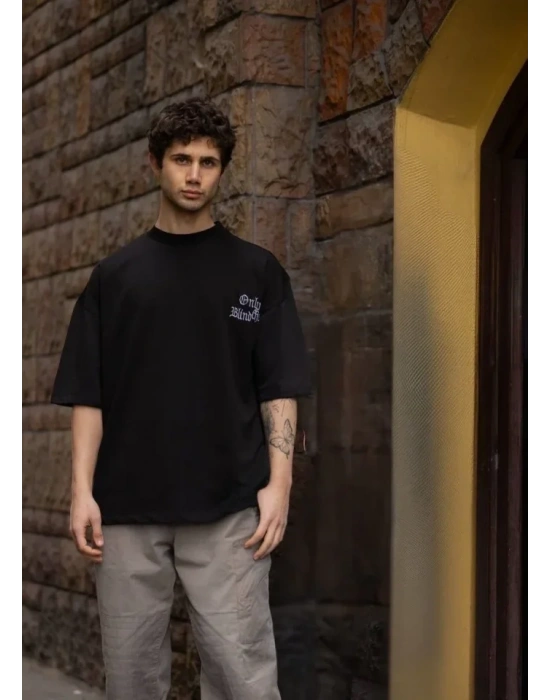 Unisex Bisiklet Yaka Baskılı Oversize Thirt  iyah