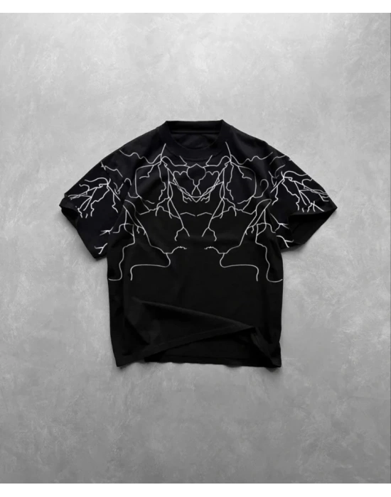 Unisex Bisiklet Yaka Baskılı Oversize Thirt  iyah