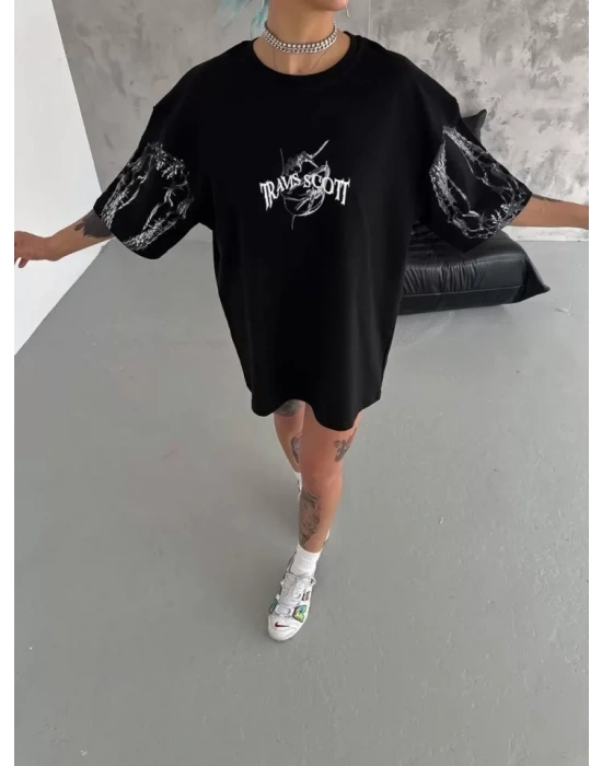 Unisex Bisiklet Yaka Baskılı Oversize Thirt  iyah