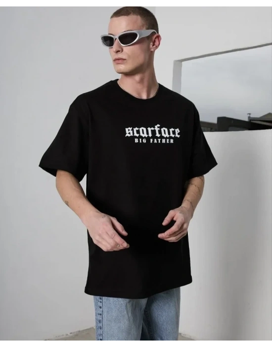 Unisex Bisiklet Yaka Baskılı Oversize Thirt  iyah