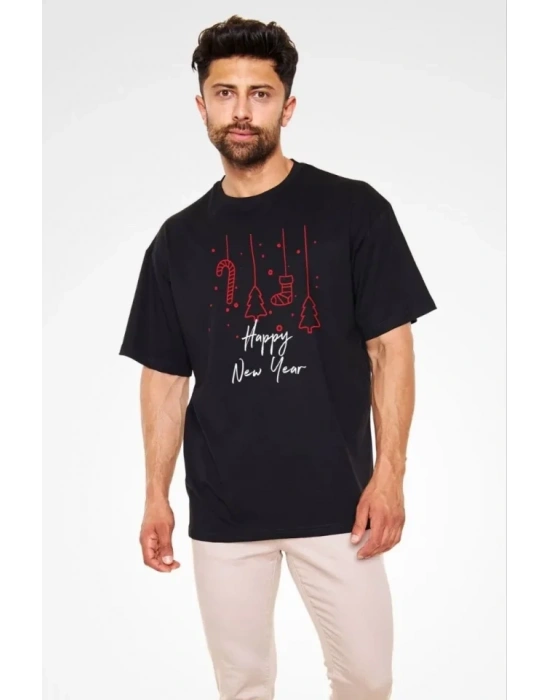 Unisex Bisiklet Yaka Baskılı Oversize Thirt  iyah