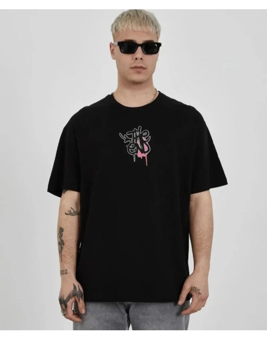 Unisex Bisiklet Yaka Baskılı Oversize Thirt  iyah