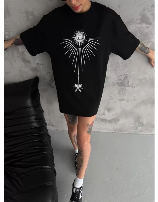 Unisex Bisiklet Yaka Baskılı Oversize Thirt  iyah