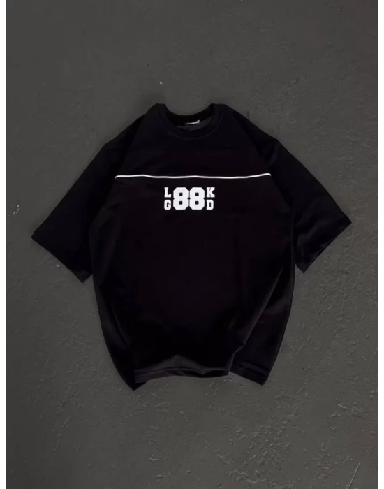 Unisex Bisiklet Yaka Baskılı Oversize Thirt  iyah