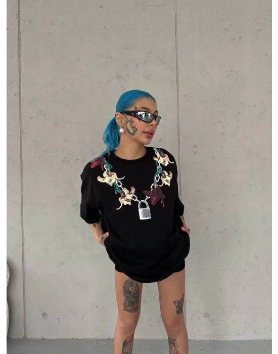Unisex Bisiklet Yaka Baskılı Oversize Thirt  iyah
