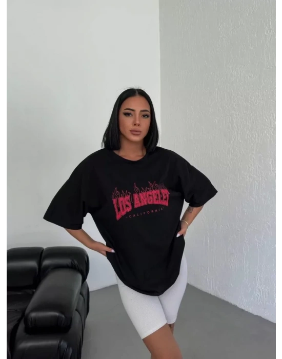 Unisex Bisiklet Yaka Baskılı Oversize Thirt  iyah
