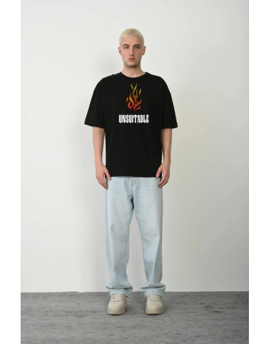 Unisex Bisiklet Yaka Baskılı Oversize Thirt  iyah