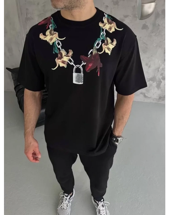 Unisex Bisiklet Yaka Baskılı Oversize Thirt  iyah