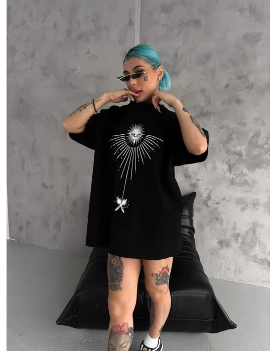 Unisex Bisiklet Yaka Baskılı Oversize Thirt  iyah