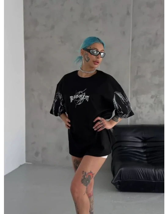 Unisex Bisiklet Yaka Baskılı Oversize Thirt  iyah