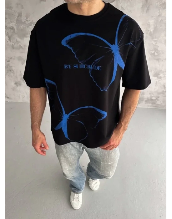 Unisex Bisiklet Yaka Baskılı Oversize Thirt  iyah