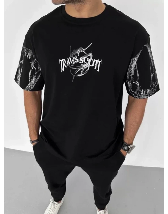 Unisex Bisiklet Yaka Baskılı Oversize Thirt  iyah