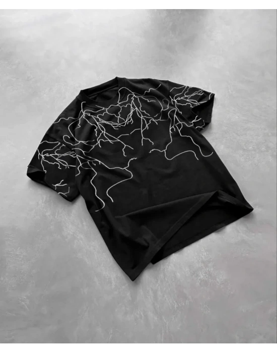 Unisex Bisiklet Yaka Baskılı Oversize Thirt  iyah