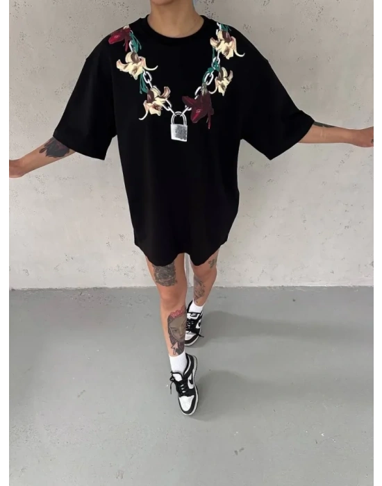 Unisex Bisiklet Yaka Baskılı Oversize Thirt  iyah