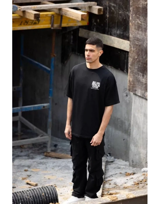 Unisex Bisiklet Yaka Baskılı Oversize Thirt  iyah