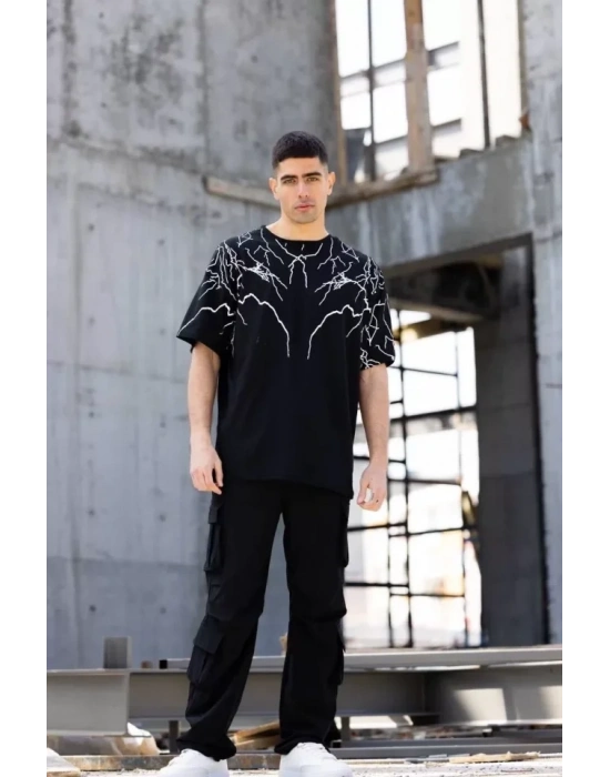 Unisex Bisiklet Yaka Baskılı Oversize Thirt  iyah