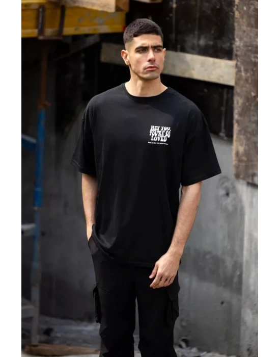 Unisex Bisiklet Yaka Baskılı Oversize Thirt  iyah