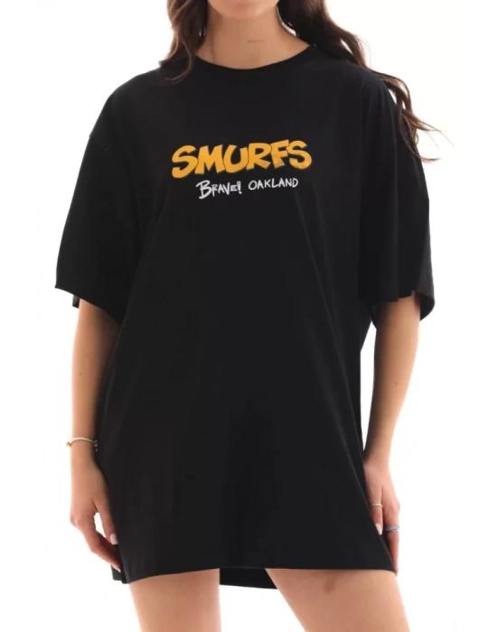 Unisex Bisiklet Yaka Baskılı Oversize Thirt  iyah