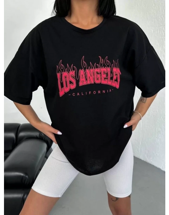 Unisex Bisiklet Yaka Baskılı Oversize Thirt  iyah