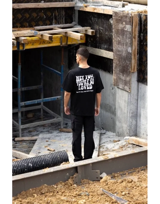 Unisex Bisiklet Yaka Baskılı Oversize Thirt  iyah