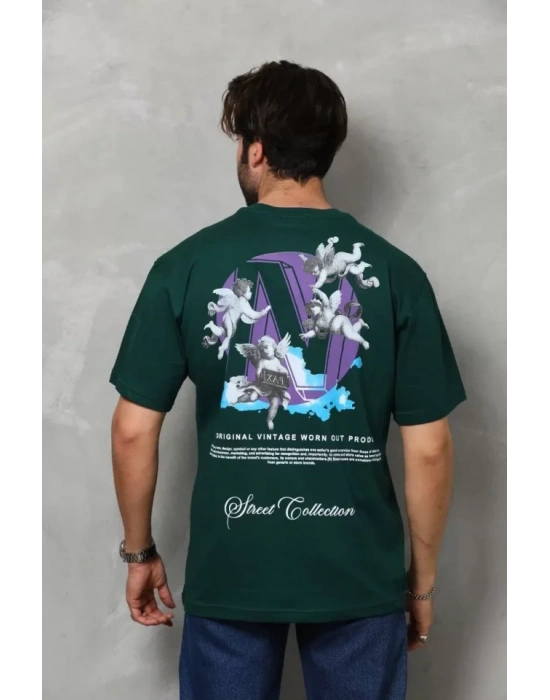 Unisex Bisiklet Yaka Baskılı Oversize Thirt  Yeşil