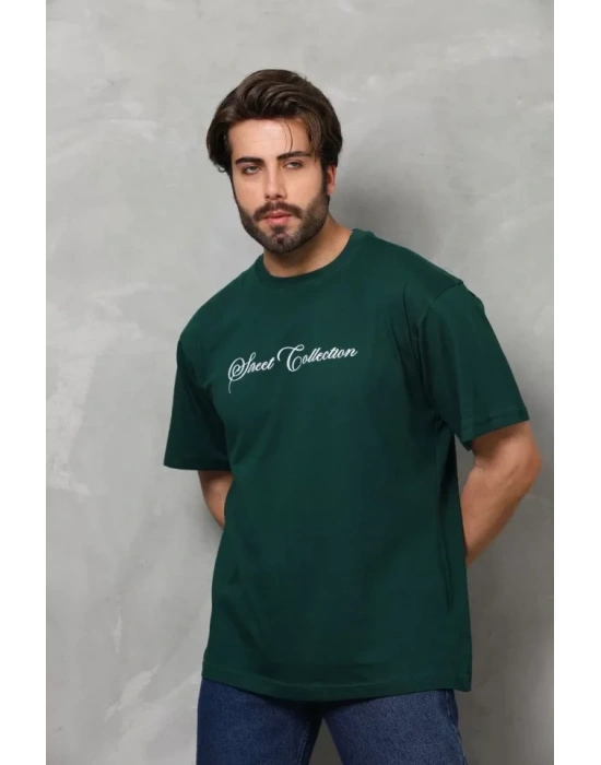 Unisex Bisiklet Yaka Baskılı Oversize Thirt  Yeşil