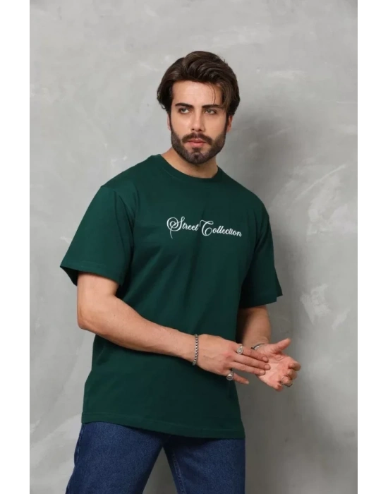 Unisex Bisiklet Yaka Baskılı Oversize Thirt  Yeşil