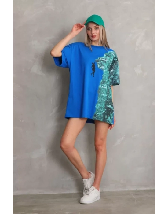 Unisex Bisiklet Yaka Baskılı Oversize TShirt  avi