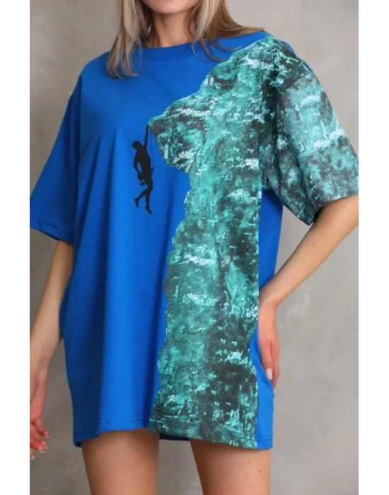 Unisex Bisiklet Yaka Baskılı Oversize TShirt  avi