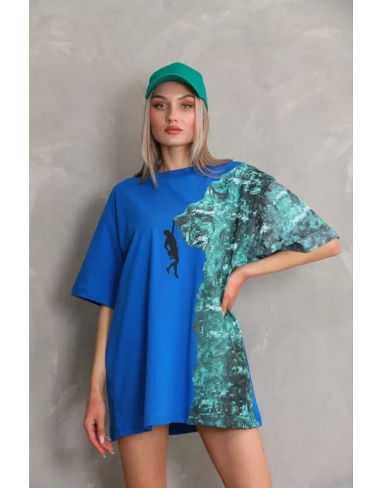 Unisex Bisiklet Yaka Baskılı Oversize TShirt  avi