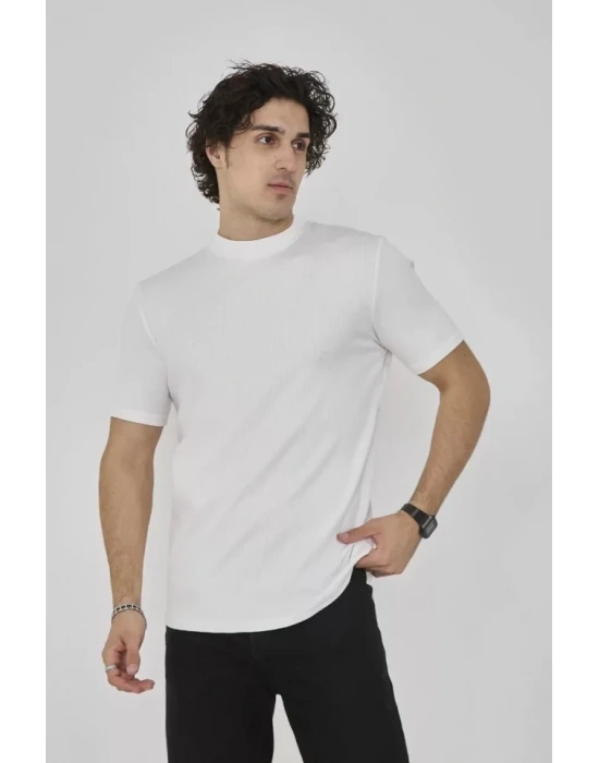 Unisex Bisiklet Yaka lim Fit Thirt  Beyaz