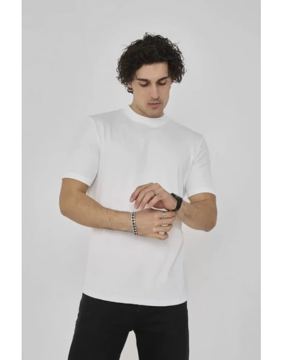 Unisex Bisiklet Yaka lim Fit Thirt  Beyaz