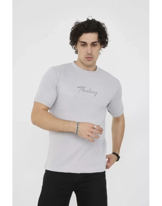 Unisex Bisiklet Yaka lim Fit Thirt Boyalı Gri