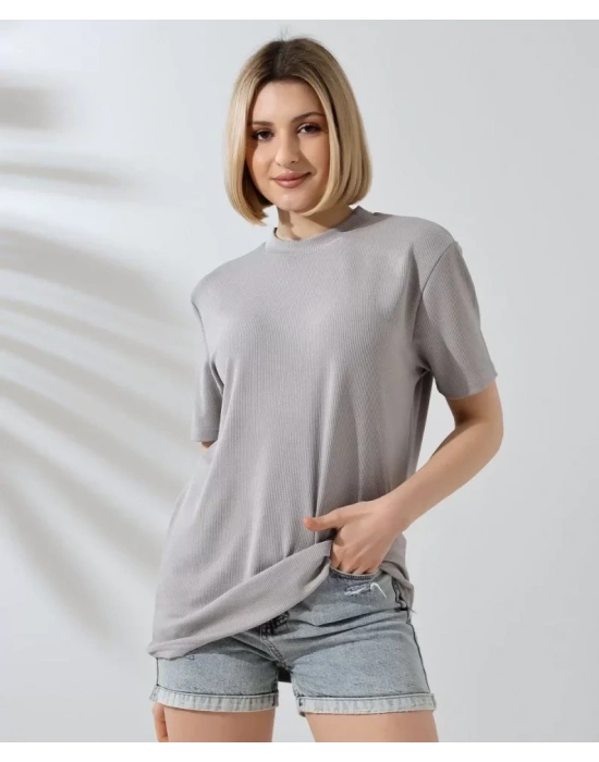 Unisex Bisiklet Yaka lim Fit Thirt  Boyalı Gri