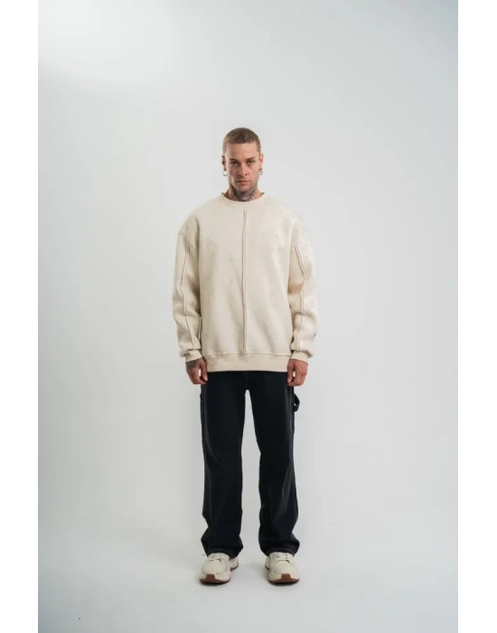 Unisex Bisiklet Yaka Özel Pis Dikişli Yıkamalı weathirt  Bej