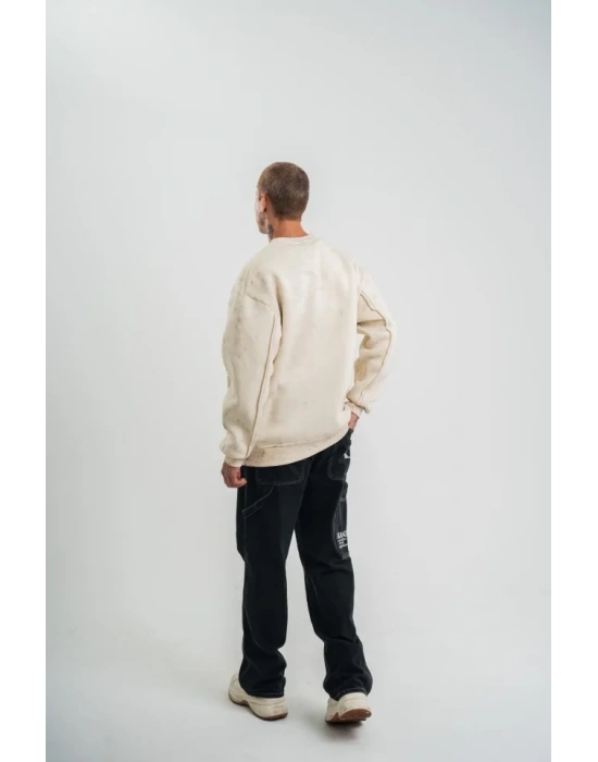 Unisex Bisiklet Yaka Özel Pis Dikişli Yıkamalı weathirt  Bej